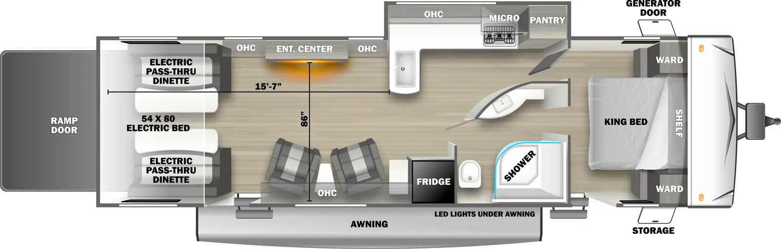 The 2900SRS travel trailer has 1 slideout on the off-door side, 2 entry doors and 1 rear ramp door. Exterior features include an awning with LED lights, front door side storage and front off-door side generator door. Interior layout from front to back includes: front bedroom with foot-facing King bed, shelf over the bed, front corner wardrobes, and door side entry door to outside; door side pass through bathroom with radius shower, toilet, and curved wall vanity; off-door side slideout holding L-shaped kitchen countertop with front facing sink, overhead cabinet, overhead microwave, stovetop and pantry; door side refrigerator; 2 door side recliners with end table; off-door side entertainment center with overhead cabinets; and rear 54 x 80 electric bed over electric pass-through dinette. Cargo length from rear of unit to kitchen countertop is 15 ft. 7 in. Cargo width from entertainment center to door side wall is 86 inches.